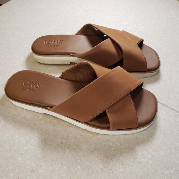 TOMS Mae Crossover Leather Slide Sandals Brown Sugar Women’s US 8.5 - Picture 3 of 7